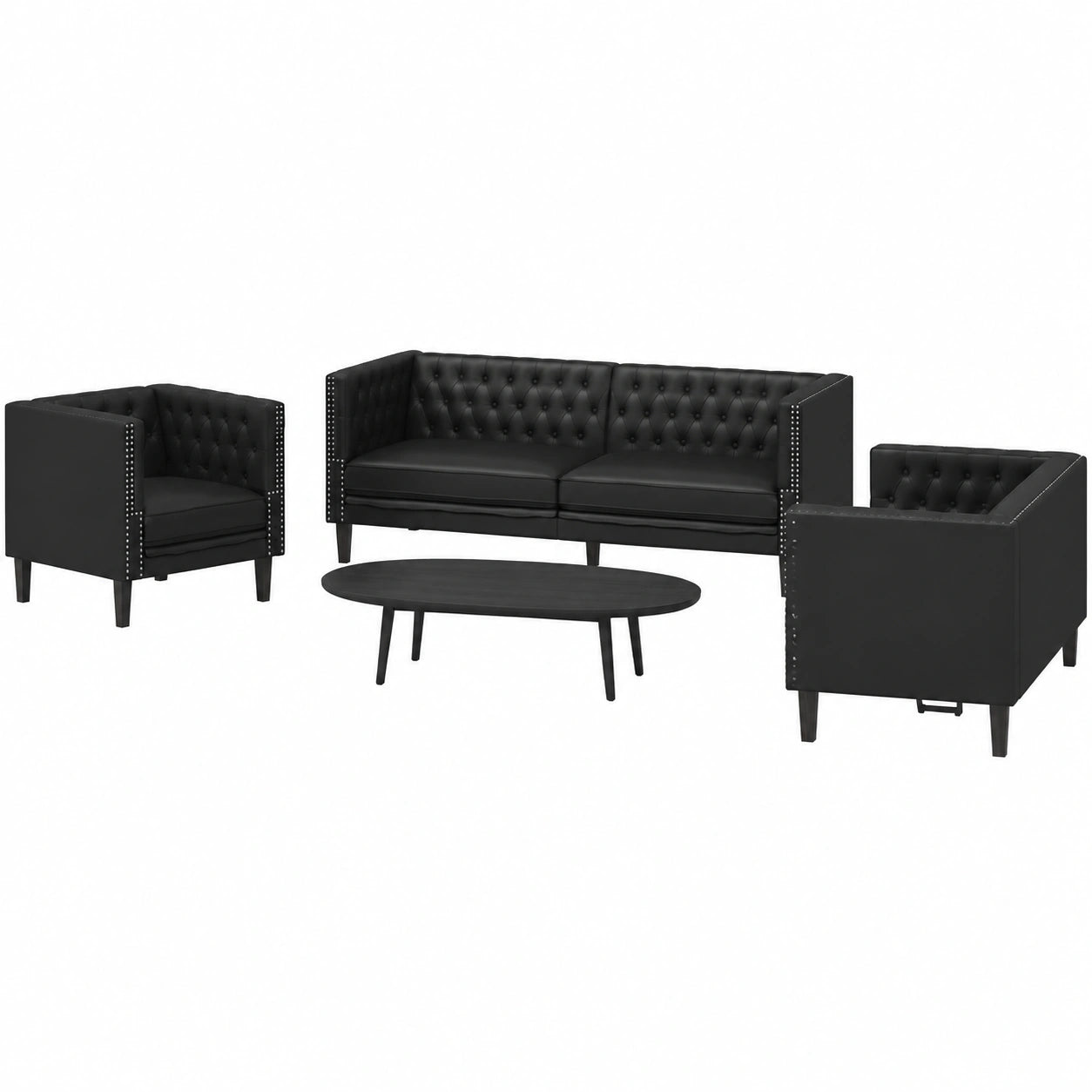 Chesterfield Sofa Set: Sessel, 2- & 3-Sitzer, Schwarz Kunstleder