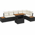 7-teilige Gartenlounge aus schwarzem Polyrattan mit Esstisch und Hockerbank, modernes und langlebiges Design für Terrasse, Balkon und Garten