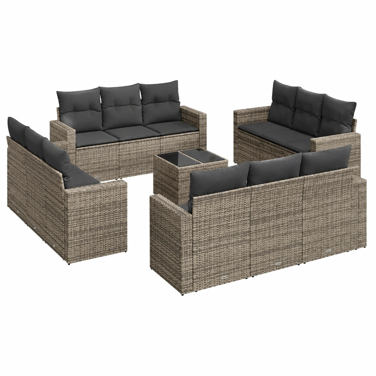 Modulares Gartenmöbel-Set aus grauem PE-Rattan mit Edelstahl-Glas-Tisch und wasserabweisenden Kissen, ideal für Balkon und Terrasse