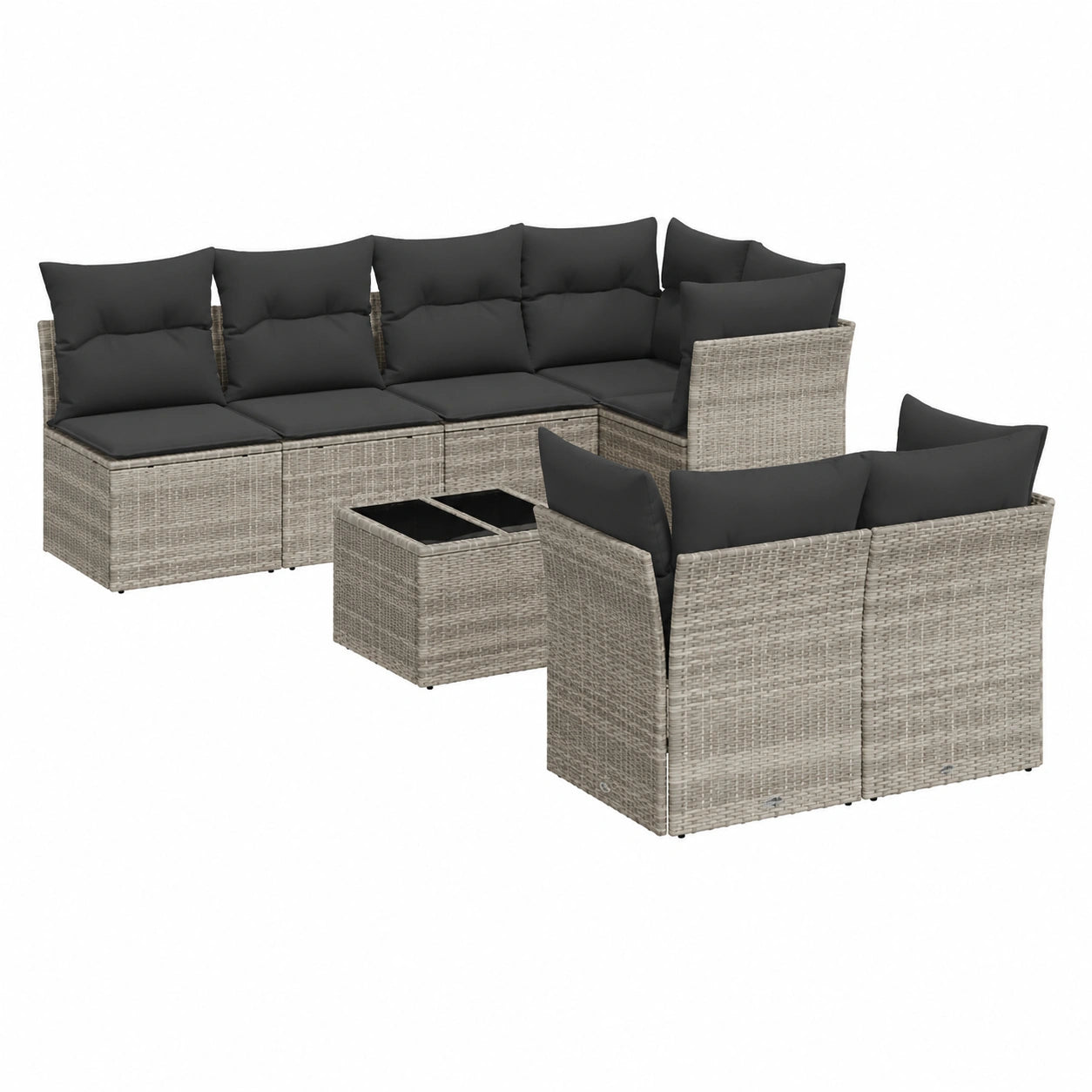 Hochwertiges 8-teiliges Gartenmöbel-Set aus Poly-Rattan, hellgrau, inkl. Glastisch & Hocker, wetterfest & kompakt für Balkon, Terrasse & Garten