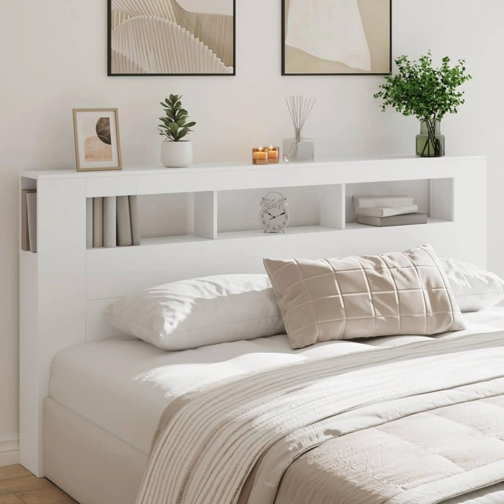 Homgoday Led-Hoofdeinde Voor Bed Met Planken En Verlichting, Slaapkamer Accessoires, Wit, 200 X 18,5 X 103,5 Cm, Houtmateriaal