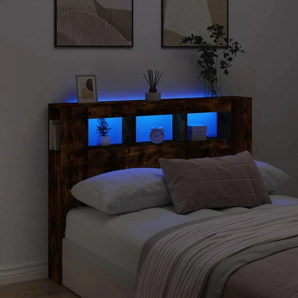 VidaXL Hoofdeinde met LED 140x18,5x103,5 cm bewerkt hout gerookt eiken, bruin/zwart