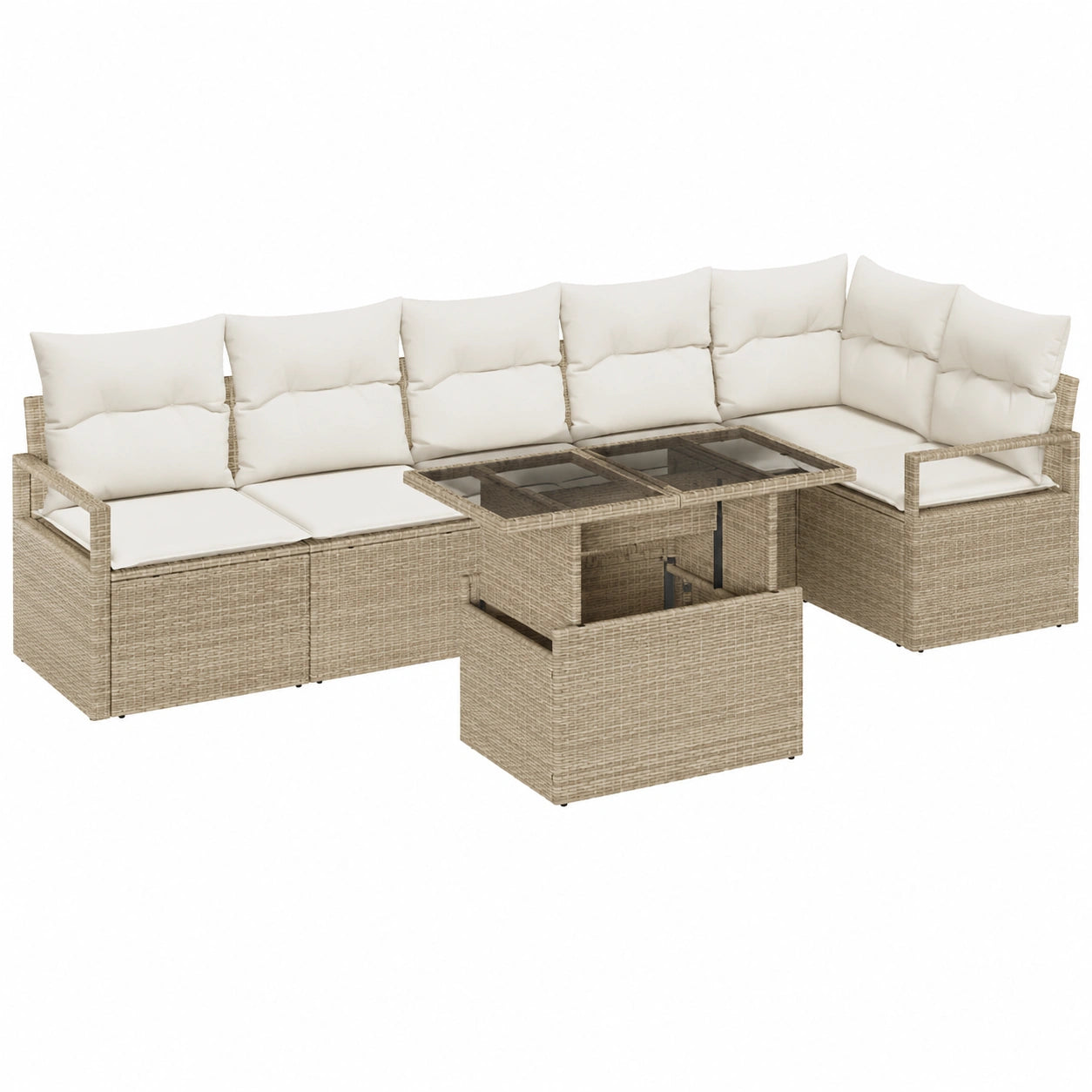 Modulares Garten-Sofa-Set aus Poly-Rattan in Beige, inkl. Hocker und höhenverstellbarem Tisch für Balkon und Terrasse