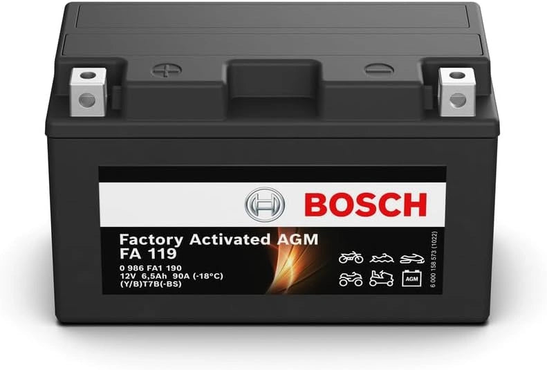 Bosch FA119 AGM motoraccu, 12 V, 90 A, 6,5 Ah, geschikt voor motorfietsen, scooters, scooters, quads, jetski's, compatibel met M6008, BT7B-BS, BT7B