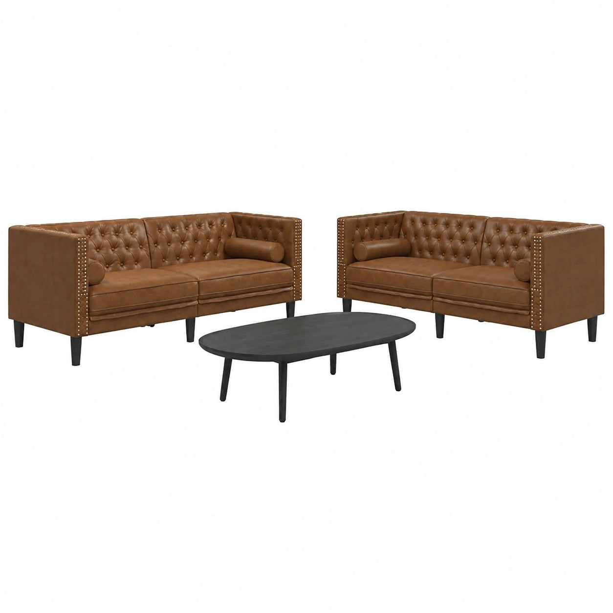 Braunes Chesterfield-Sofa-Set aus Kunstleder für Wohnzimmer, Büro oder Gästezimmer