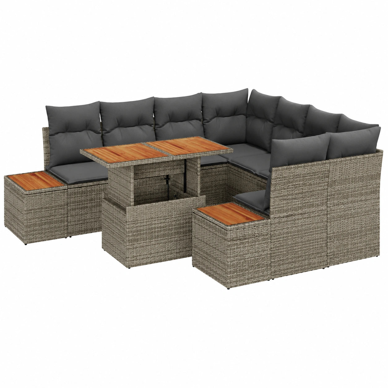 9-teiliges Gartenmöbel-Set aus grauem Poly-Rattan mit Hockerbank, modular, ideal für Balkon, Terrasse und Wintergarten
