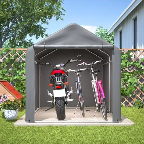 Fietsgarage met rolpoort, 160 x 220 x 165 cm, weerbestendig PE-gereedschapsschuur, grijs, voor fiets, motorfiets en tuingereedschap, ideaal voor tuin