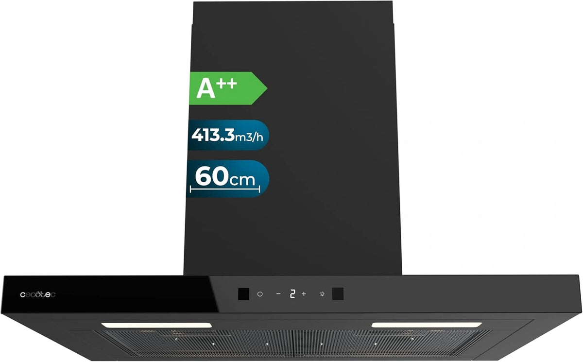 Cecotec Bolero Flux TT 604400 zwart A++, T-vormige afzuigkap, 60 cm, 413,3 m³/h zuigvermogen, energieklasse A++, onzichtbare touch-bediening