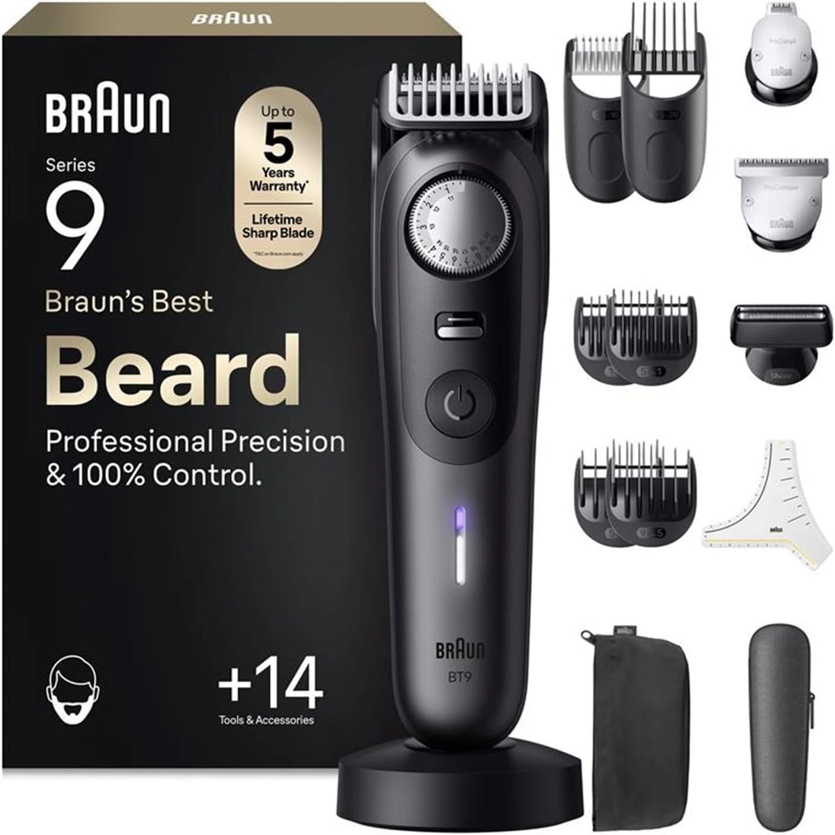 Braun Baardtrimmer Series 9, draadloze baardtrimmer heren, BT9565, titanium