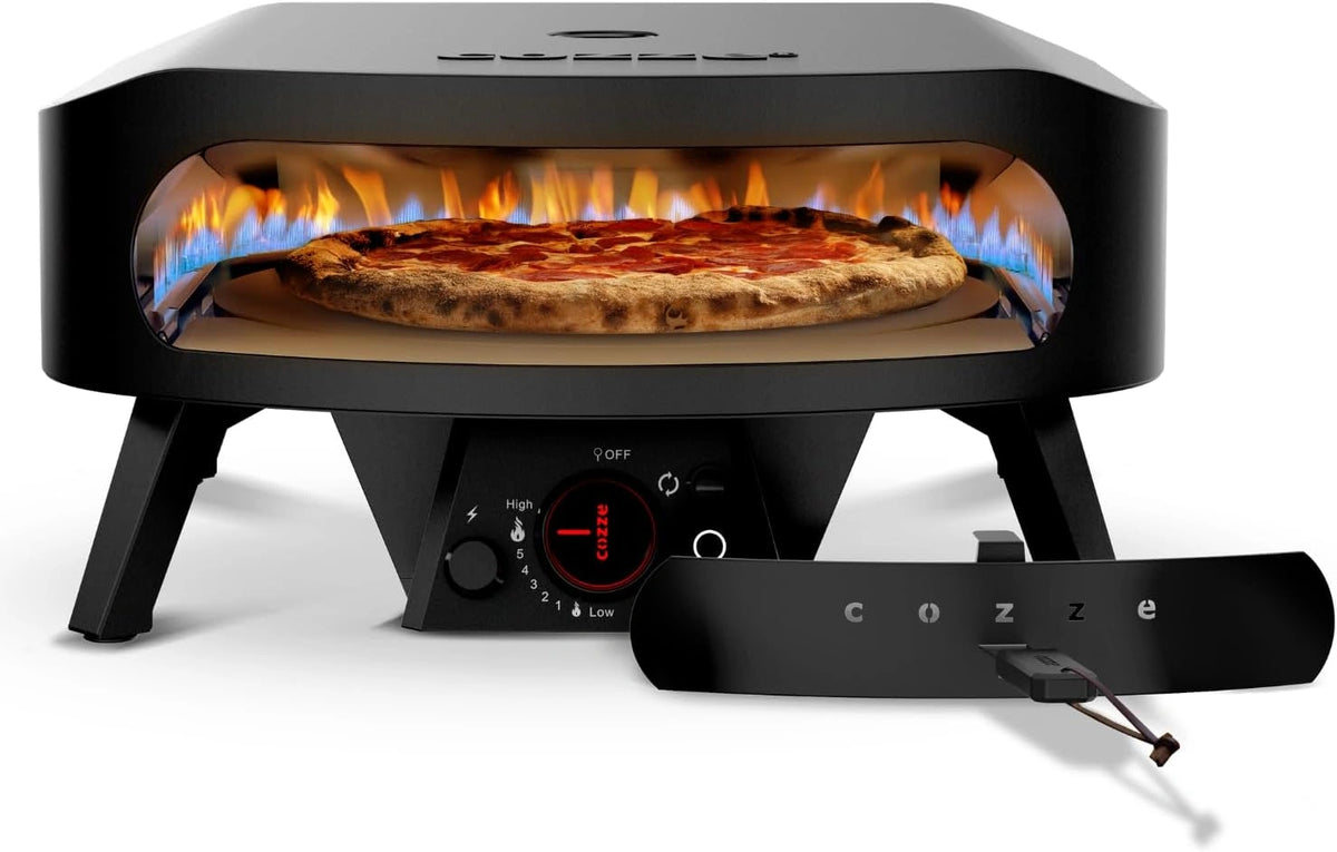 Cozze® 17' Rotate Gas Pizzaoven zwart uitvoering, Roterende cordieriet pizzasteen Ø43 cm, 8 kW, deur inbegrepen, 30 mbar