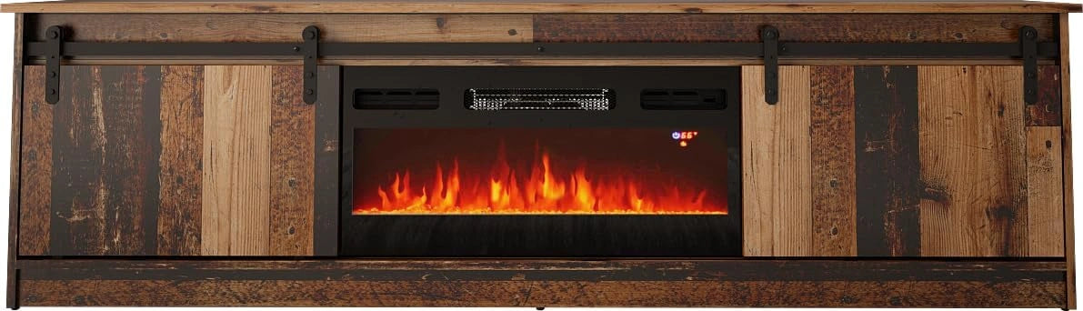 BIM Furniture Granero TV-kast, 200 cm, met elektrische open haard, gefreesde voorkant, van hoogwaardig MDF, hifi-dressoir, oud hout, wit