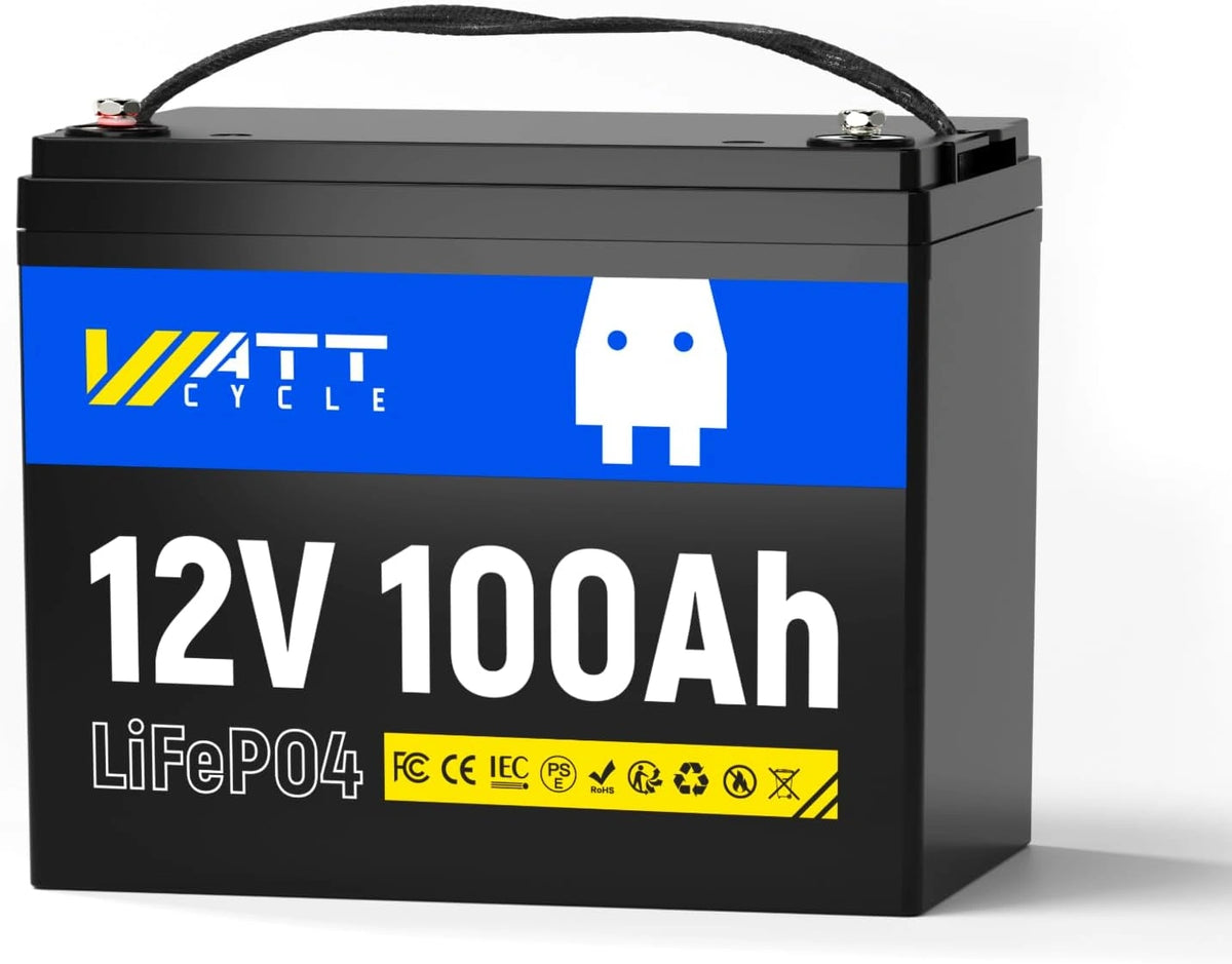 WattCycle 12V 100Ah LiFePO4 Accu 1280Wh, 100A BMS, 15.000+ Cycli voor Zonne, zwart