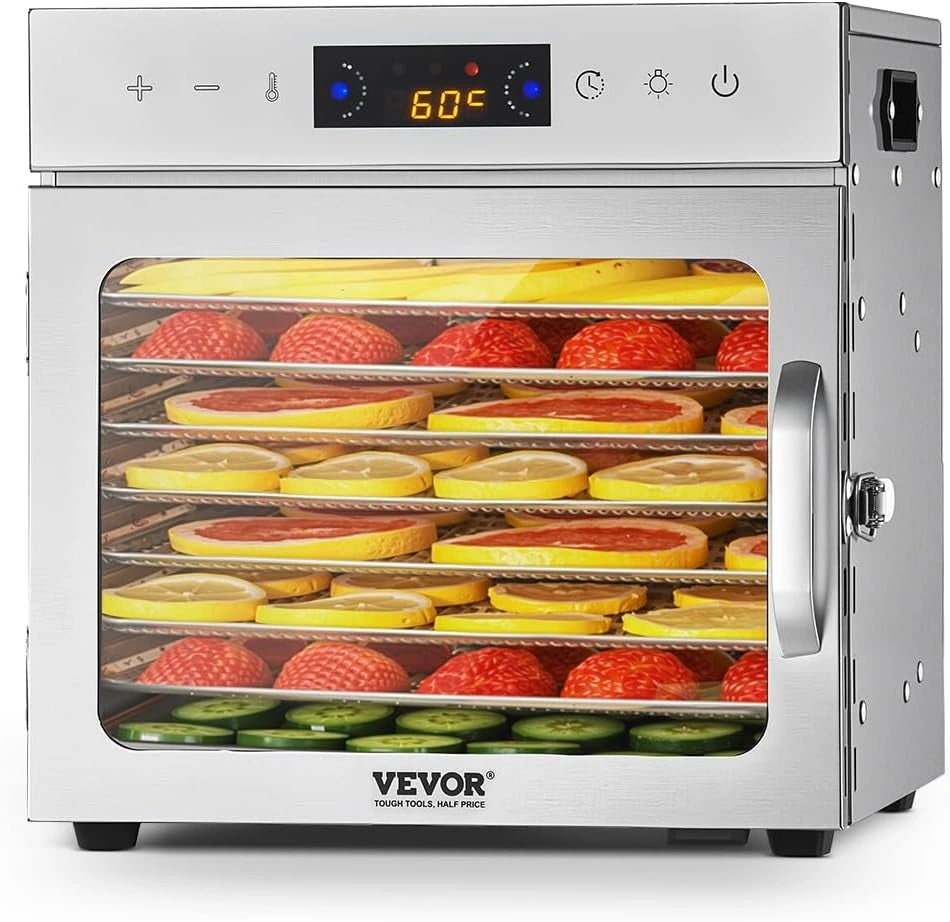 VEVOR Droogautomaat, 8 roestvrijstalen schalen, elektrische 400 W voederdroger met instelbare temperatuur, vriesdroger voor droog vlees, vlees