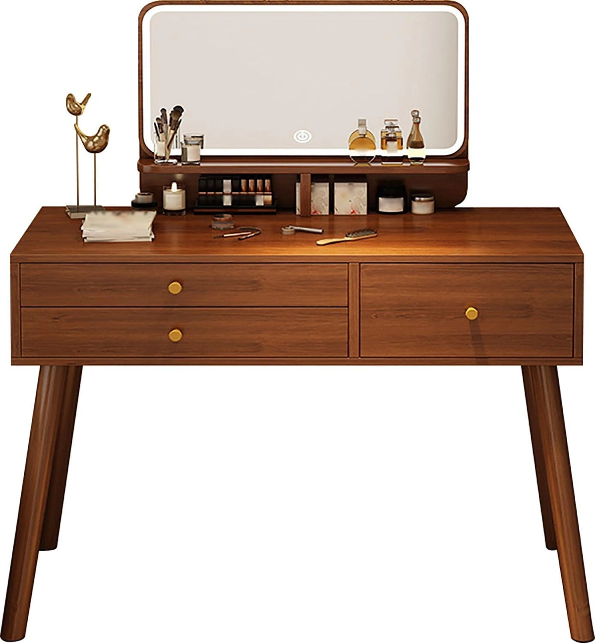 Kaptafel met LED-verlichting, kaptafel met spiegel, 3 kleuren met instelbare helderheid, kaptafel voor make-up en aankleding, walnootkleur 100cm