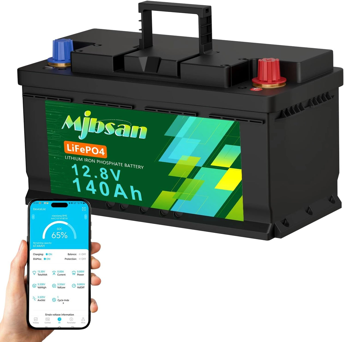 Mjbsan LiFePO4 12 V 140 Ah H190 Bluetooth lithium batterij, 1792 Wh energie lithium batterij met 150 A BMS, max. 15.000+ cycli Deep Cycle batterij