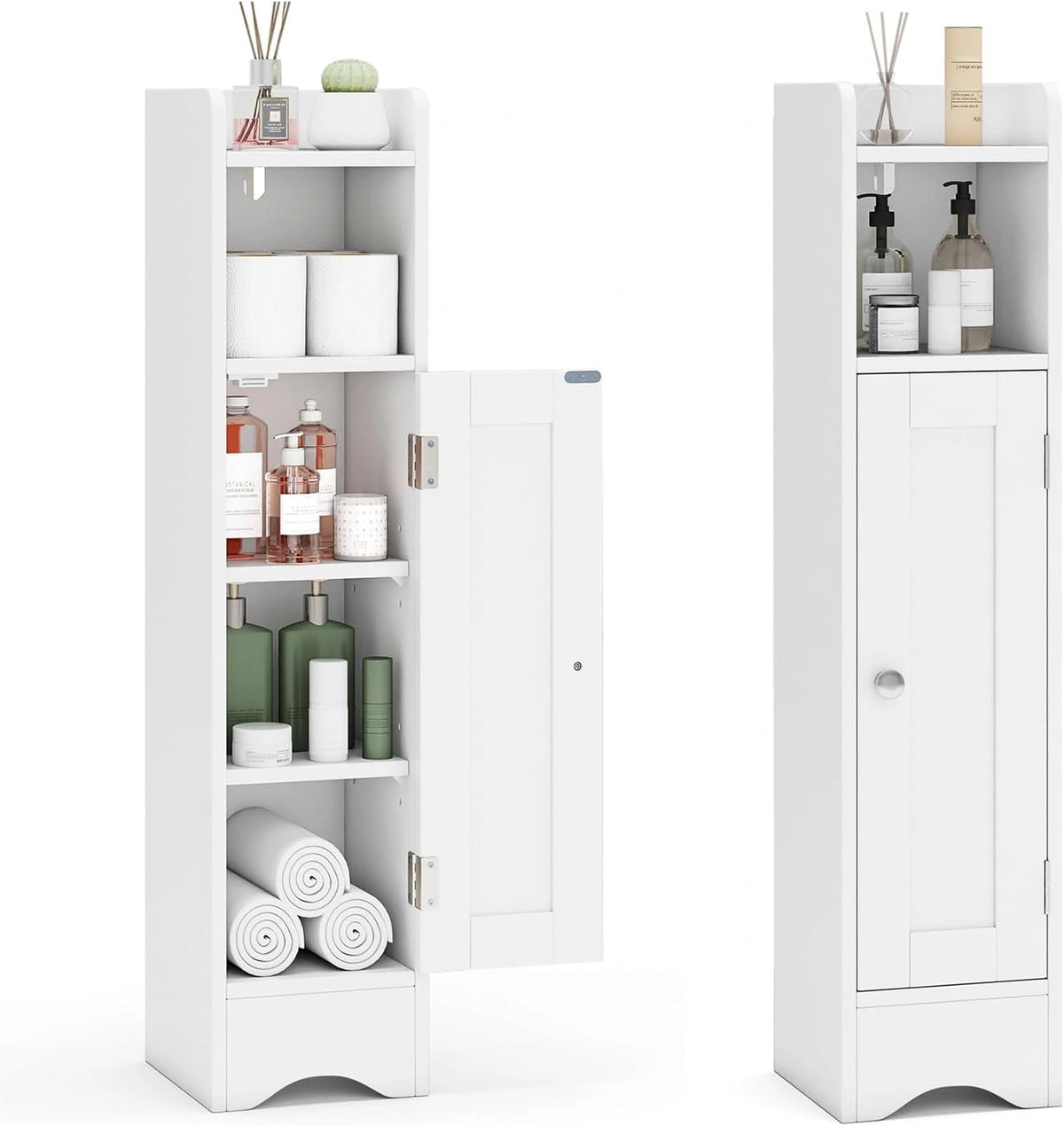 COSTWAY Toiletkast, smal badmeubel, badkamerkast met open vak, badrek van hout met 2 verstelbare legplanken, opbergkast 18 x 19,5 x 80 cm (wit)