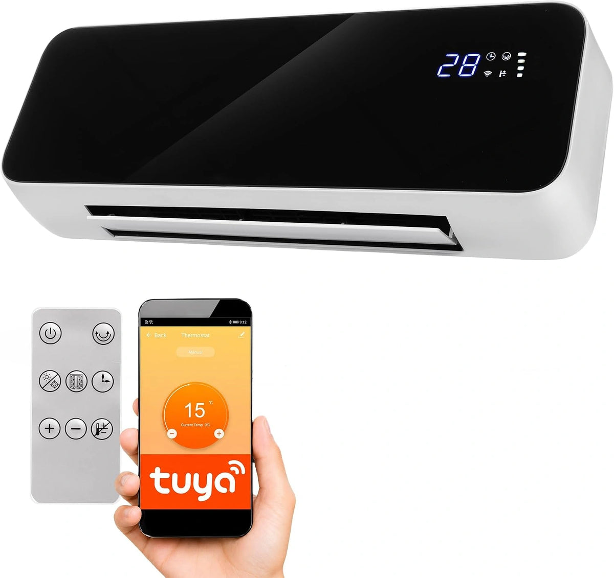 LEHMANN Wandverwarming met 2 standen 1000/2000 W, Elektrische wandverwarming met Keramisch Verwarmingselement, Openraamdetectie, Timer, Oscillatie