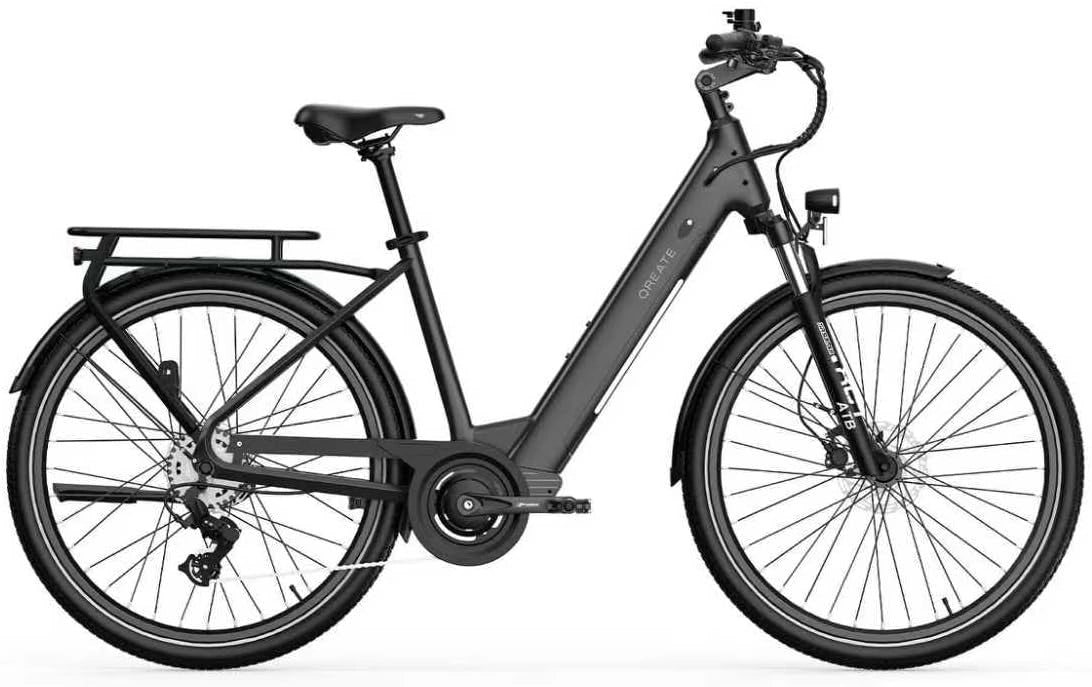 Qreate City elektrische fiets voor volwassenen, 36V 250W, 13,5Ah uitneembare accu, 27,5 inch lage instap, 7 versnellingen, hydraulische schijfremmen