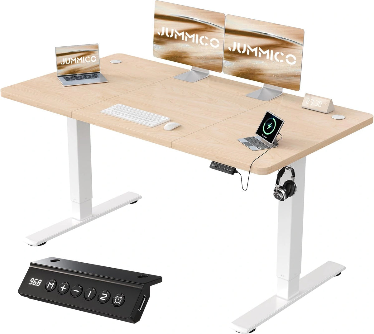 JUMMICO Elektrisch In Hoogte Verstelbaar Bureau met USB Oplaadpoort, Elektrisch Staand Bureau, 140 X 60 cm, Ergonomisch Bureau, Beige