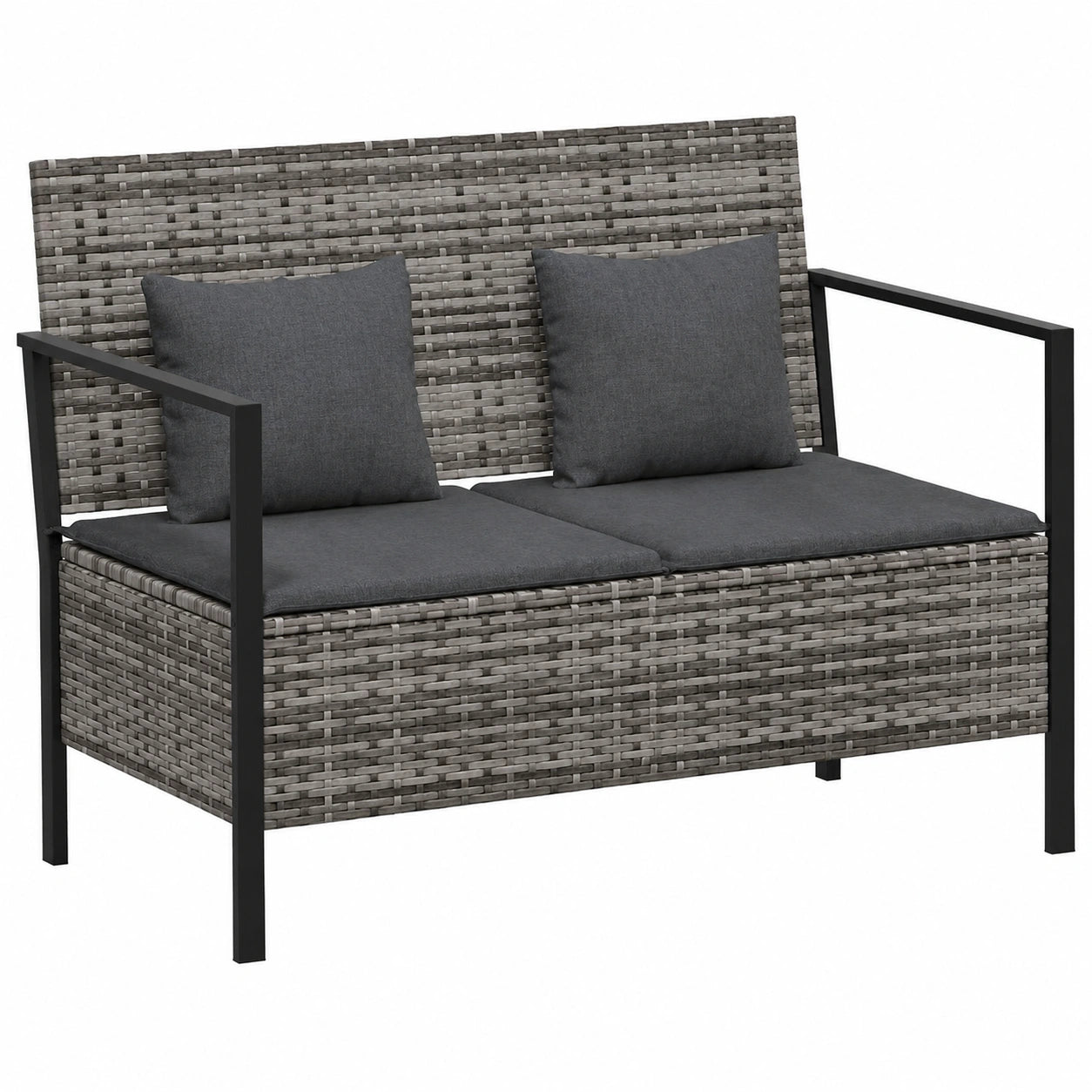 Gartenbank 2-Sitzer mit Kissen, Grau Poly Rattan, Outdoor Bank für Garten & Balkon