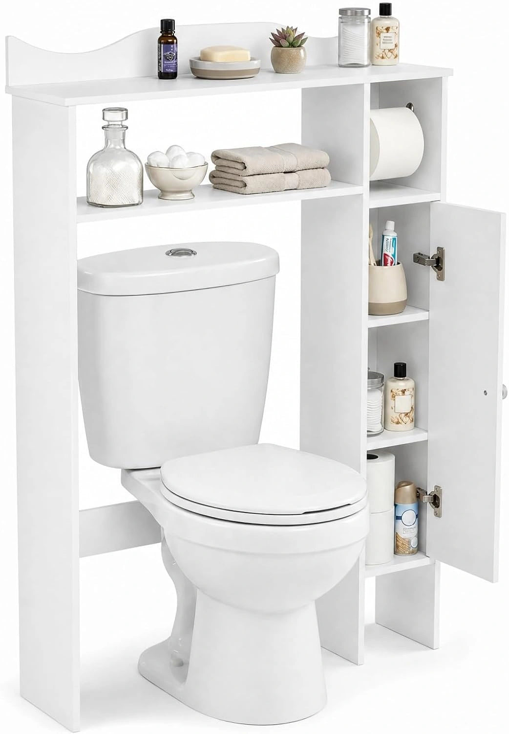 LIFEZEAL Kast boven het toilet, wastafel, plank boven de wasmachine, staande kast voor badkamer, ruimtebesparend, 1 deur, met rolhouder