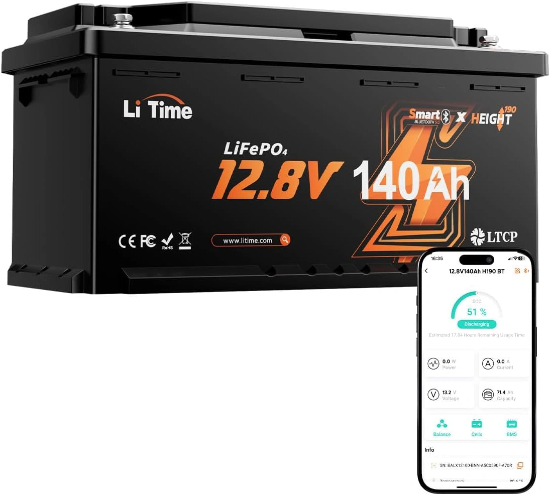 LiTime LiFePO4 Accu 12V 140Ah H190, Lithium Accu met Bluetooth voor Camper, zwart