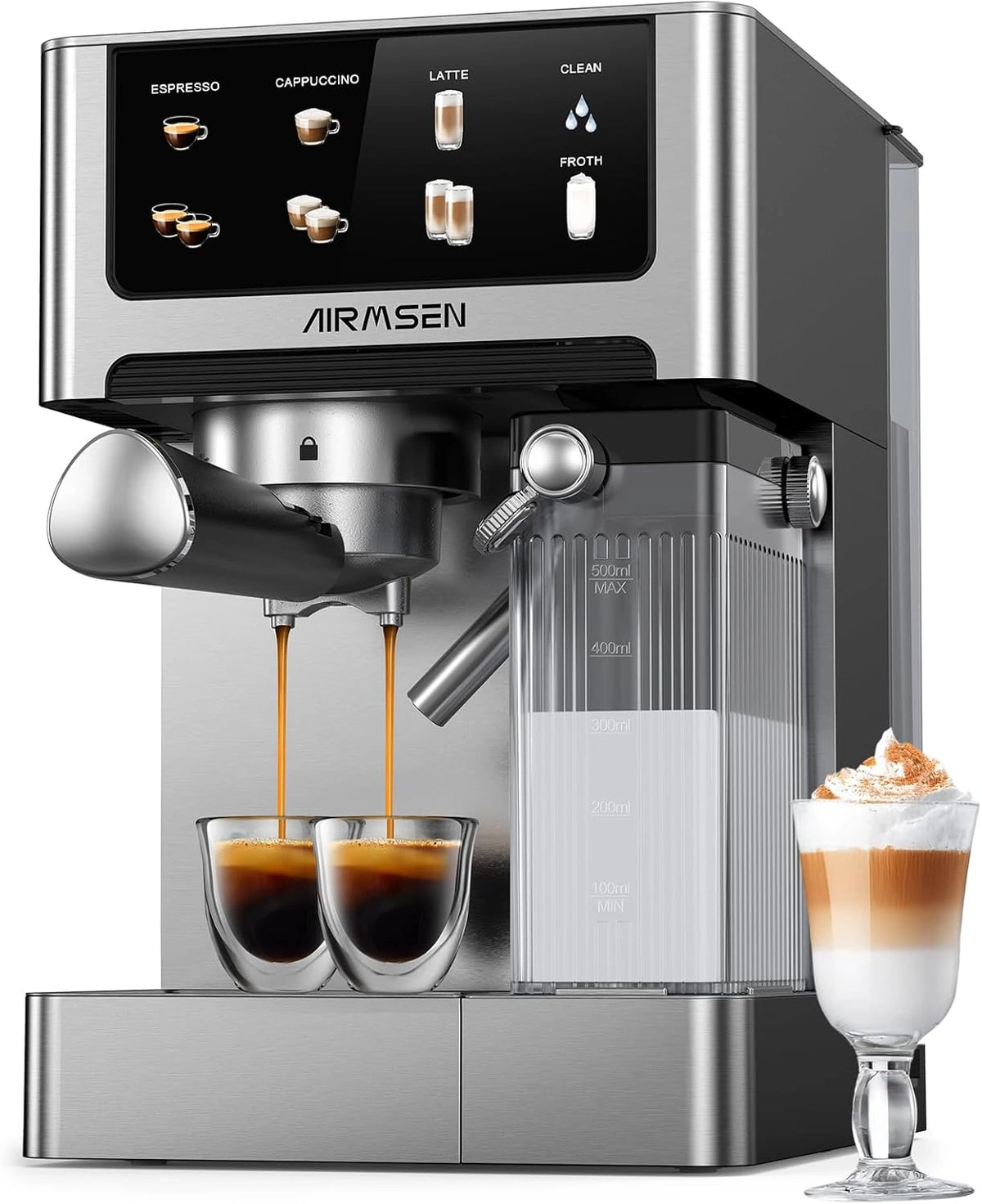 AIRMSEN Espressomachine 20 Bar, Cappuccino & Latte Cafetière, Dubbelketel Koffiezetapparaat (1350W & 1000W), Extractie in 15s, Roestvrij Staal