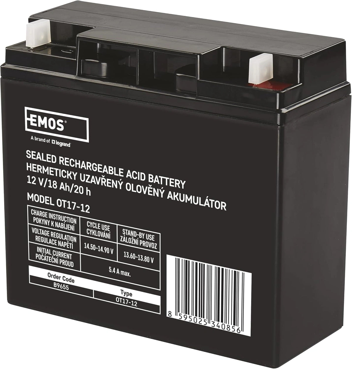 EMOS, Onderhoudsvrije loodaccu, 12V 18Ah, AGM-accu, Voor noodverlichting, alarmsystemen, UPS-apparaten, Klepgestuurd, veiligheidskleppen
