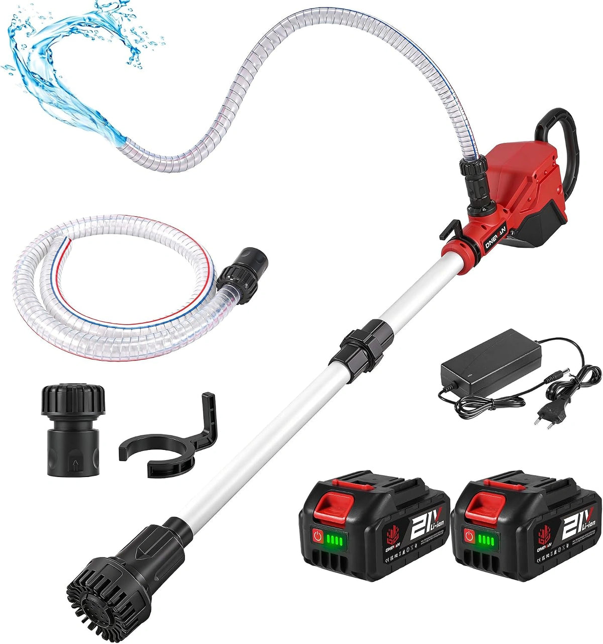 ONEVAN Accu-regentonpomp met telescoopstang, borstelloze draadloze elektrische waterpomp, 21 V, 10 m opvoerhoogte, debiet 2740 l/u, 2 m slang