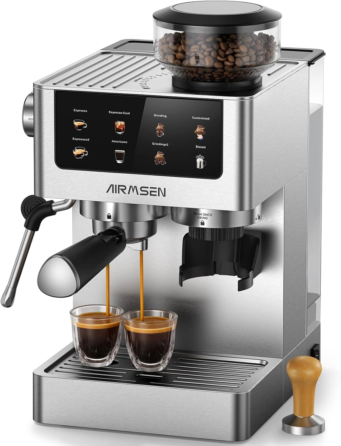 AIRMSEN 20 bar filterdragermachine met kegelmolen en melkopschuimer, 1,8 l watertank, roestvrij staal, espressomachine