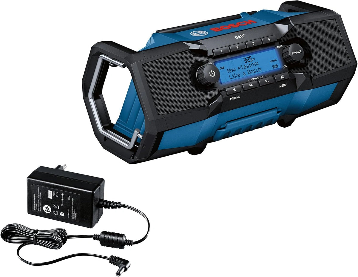 Bosch Professional 18V System accu-bouwplaatsradio GPB 18V-2SC (ontvangst via DAB+, Bluetooth, FM en AUX, inclusief voeding, AUX-kabel