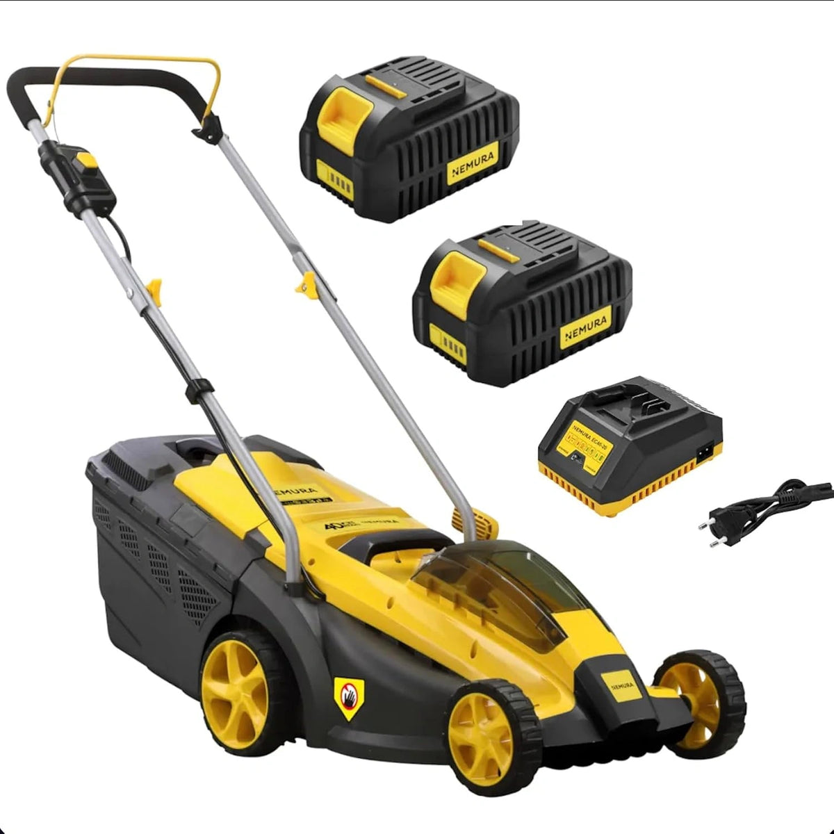 Nemura Accugrasmaaier 40 V + 2 batterijen 4 Ah, maaibreedte 37 cm, 6 maaihoogtes 25 tot 77 mm, bak 35 l, nauwkeurige snede en snellader, Frans merk