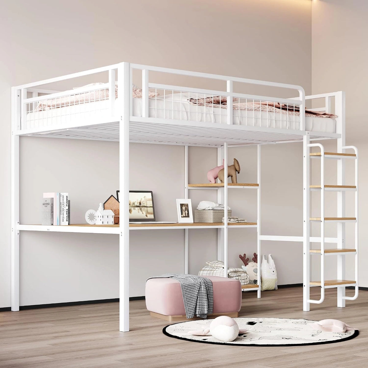 Zepneiy Hoogslaper 140 x 200 cm, veiligheidsladder met treden, kinderbed met tafel en plank, veiligheidsbarrière van draadgaas