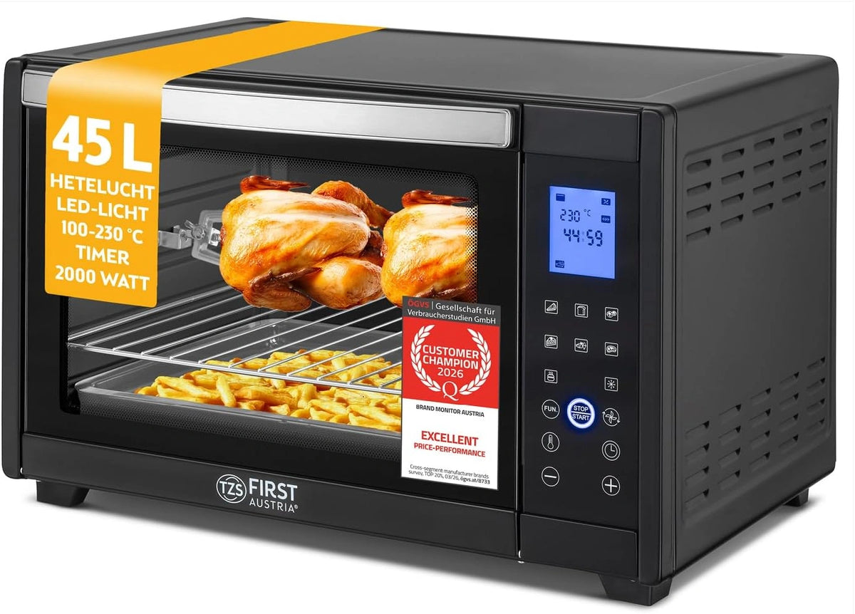 TZS First Austria, Minibakoven 45 liter 2000W, Premium-X coating, Temperatuur tot 230°C & 4 Inschuifhoogtes