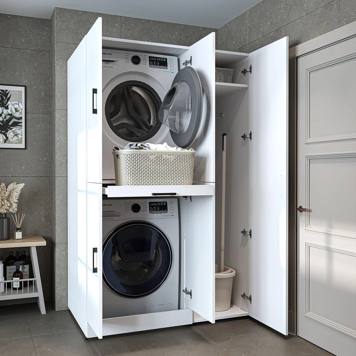 ROOMART Dora Wasmachinekast, set voor droger en wasmachine, in 4 kleuren, met deuren en uittrekplank, wit, eiken, antraciet eiken