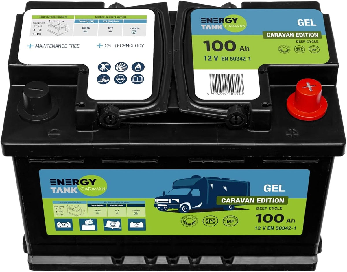 ENERGY Tank GEL Autoaccu, 100 Ah, 12 V, GEL-accu voor camper, Accu Hoge Capaciteit, Mover-accu, Caravanaccu, zwart