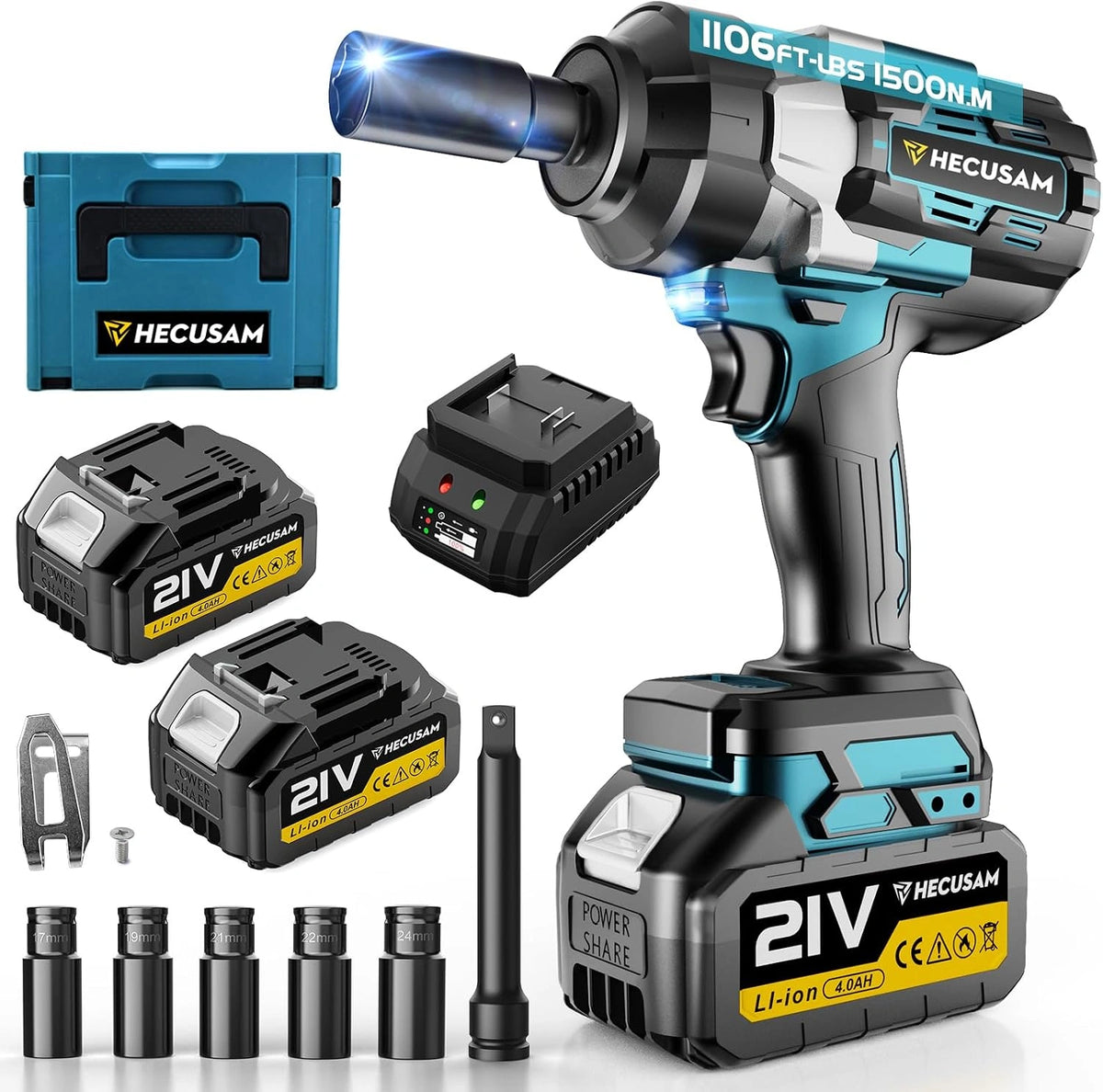 1500 N.m accu-slagmoersleutel, 1/2 inch borstelloze motor, slagschroevendraaier met twee 4000 mAh batterijen, snellader, 5 dopsleutels