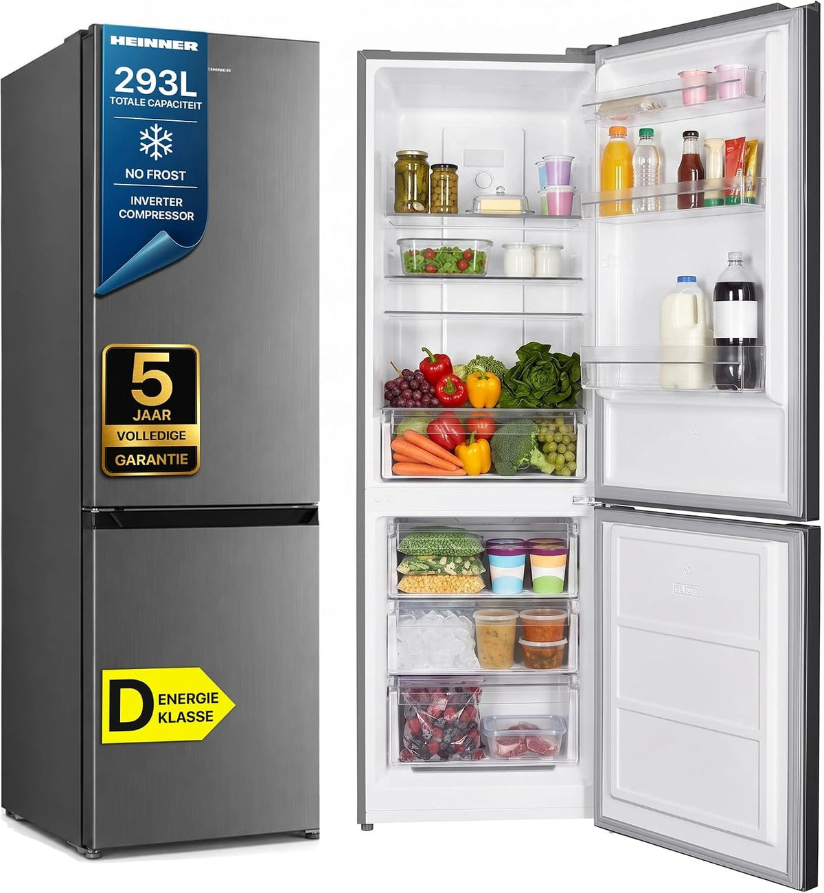 HCNF-HM293INVXD Koel-vriescombinatie, 293 l, volledig vorstvrij, invertercompressor, energieklasse D, 210 l koelgedeelte + 83 l vriesgedeelte