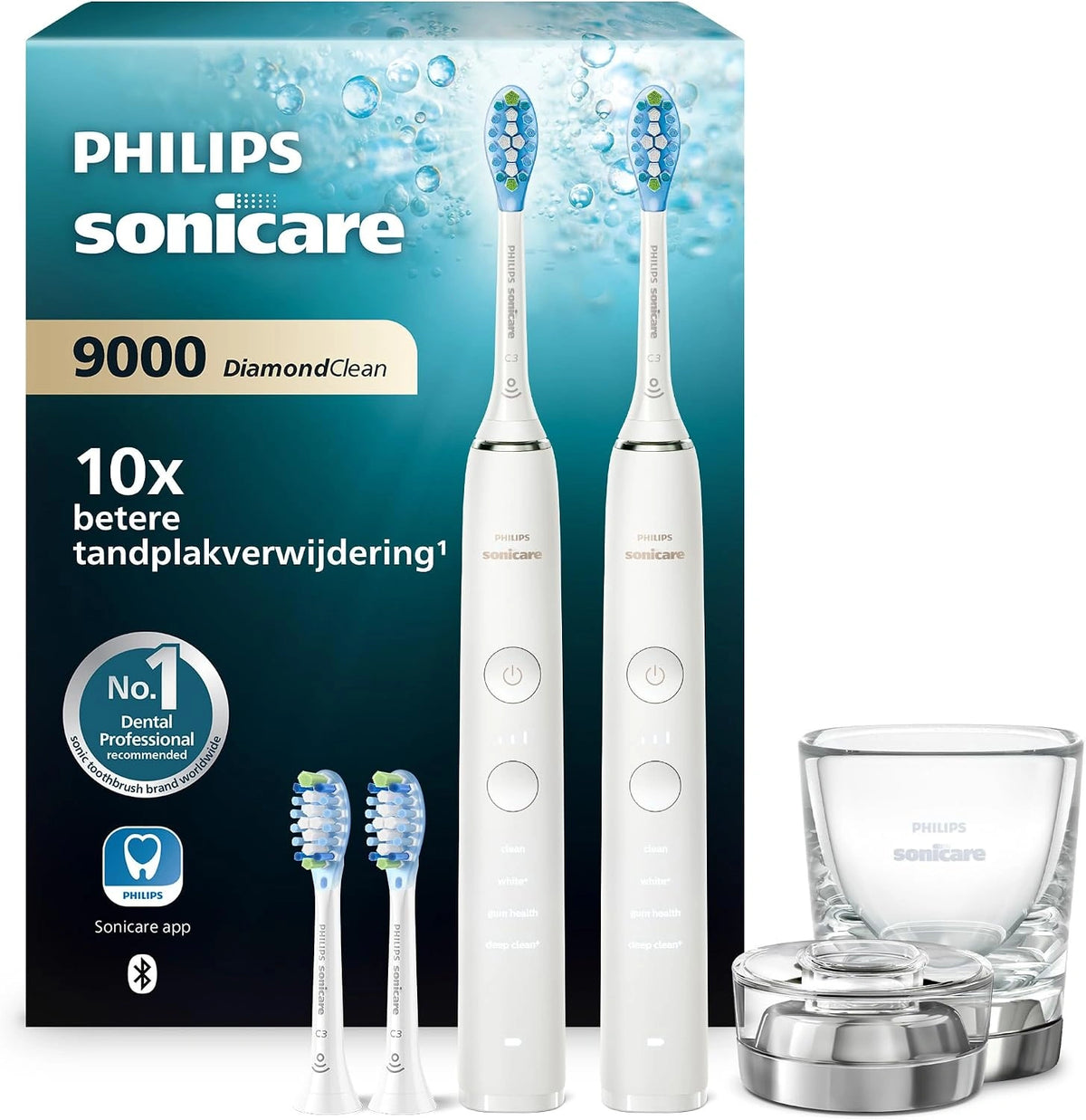 Philips Sonicare DiamondClean 9000 elektrische tandenborstel, twee sonische tandenborstels met app, druksensor, 4 poetsstanden, 3 intensiteitsniveaus