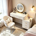 Moderne Fluwelen Kaptafel met 3-Modi LED Spiegel, Schelp Accentstoel & Flexibele Ladekast voor Vrouwen en Meisjes, beige