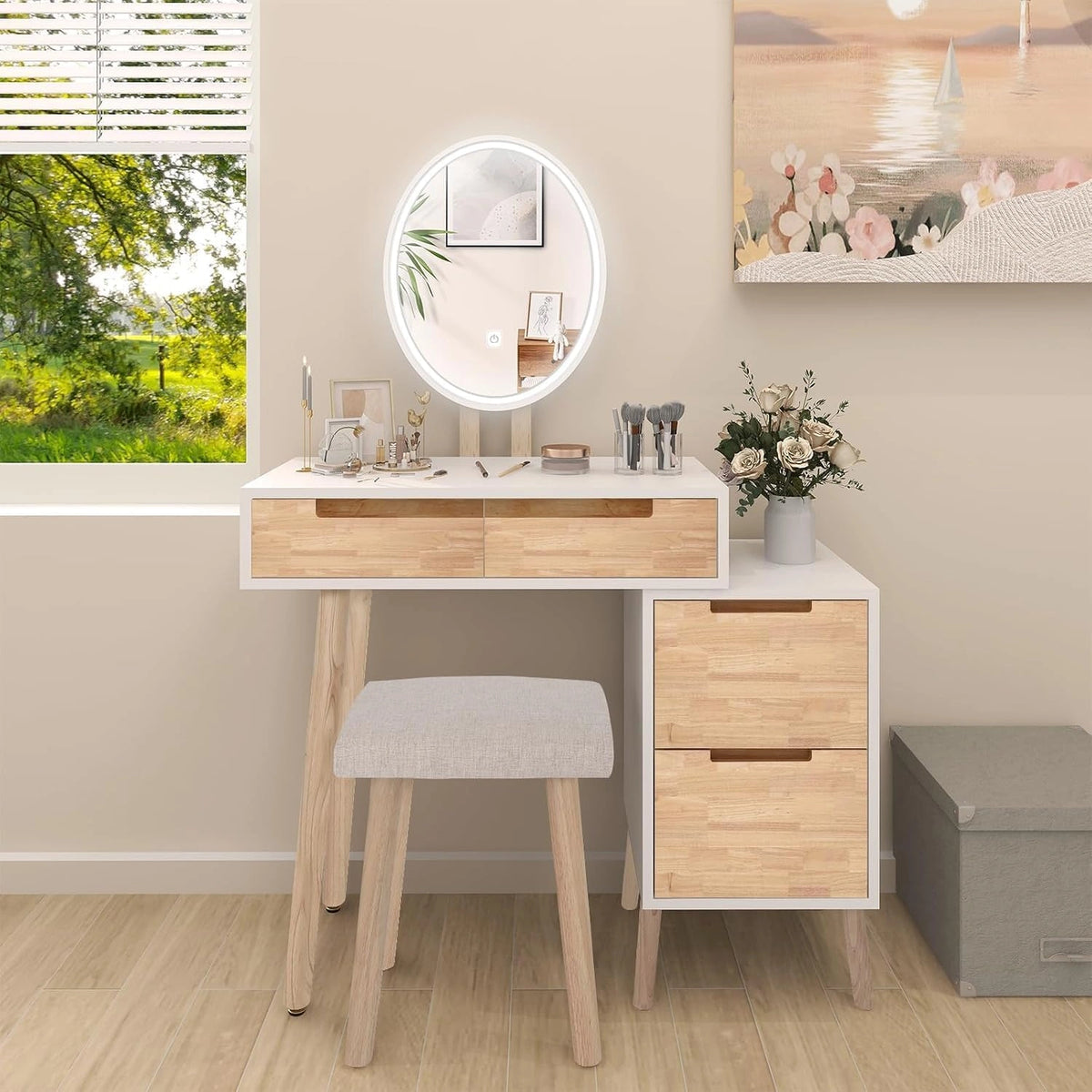 YU YUSING Make-uptafel met verlichting, led-spiegel, kaptafel met 4 laden, 1 kast, make-uptafel met stoel, 3 kleuren LED, kaptafel voor woonkamer