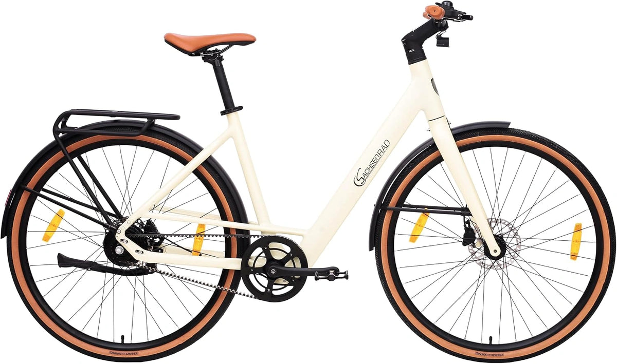 Urban City C3F Mamorweiss Elektrische fiets met koppelsensor voor riemaandrijving, ultralicht slechts 16 kg, 27,5 inch stadsfietsstuur