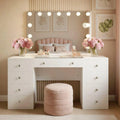 CLP Tiline kaptafel, met grote spiegel, Cosmetische tafel, met LED-verlichting, met 9 laden, glazen blad, USB-poort -, Kleur:wit