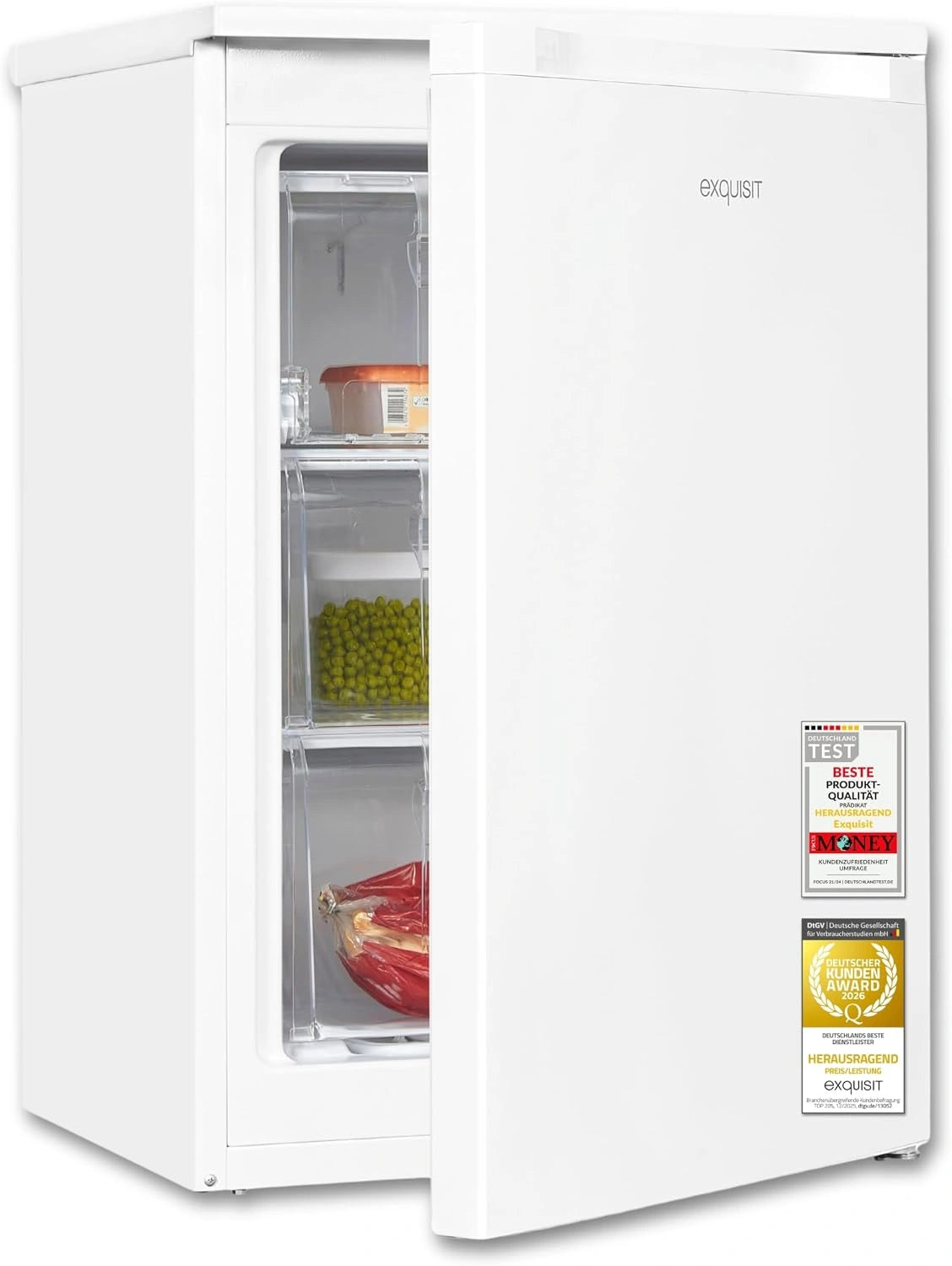 Exquisit Tafel-vriezer, 85 l, wit, energieklasse C, 4-sterren vriezer, omkeerbare deur, 2 laden, 1 klapklep, handmatige ontdooiing