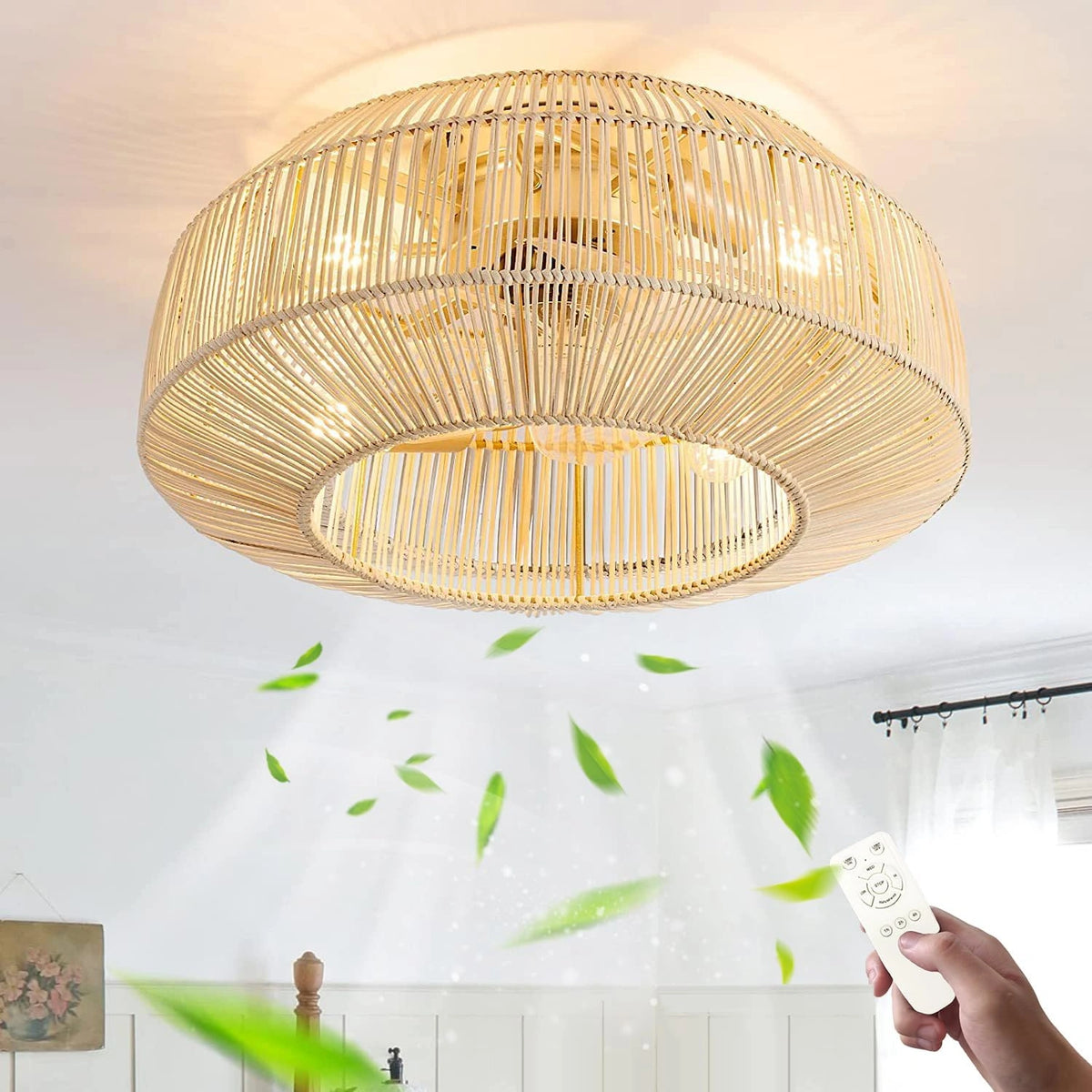 E27 Plafondventilator met Licht en Afstandsbediening Retro Stille Ventilator Plafondlamp Vintage Rotan Bamboe Slaapkamerlamp Industriële ventilator