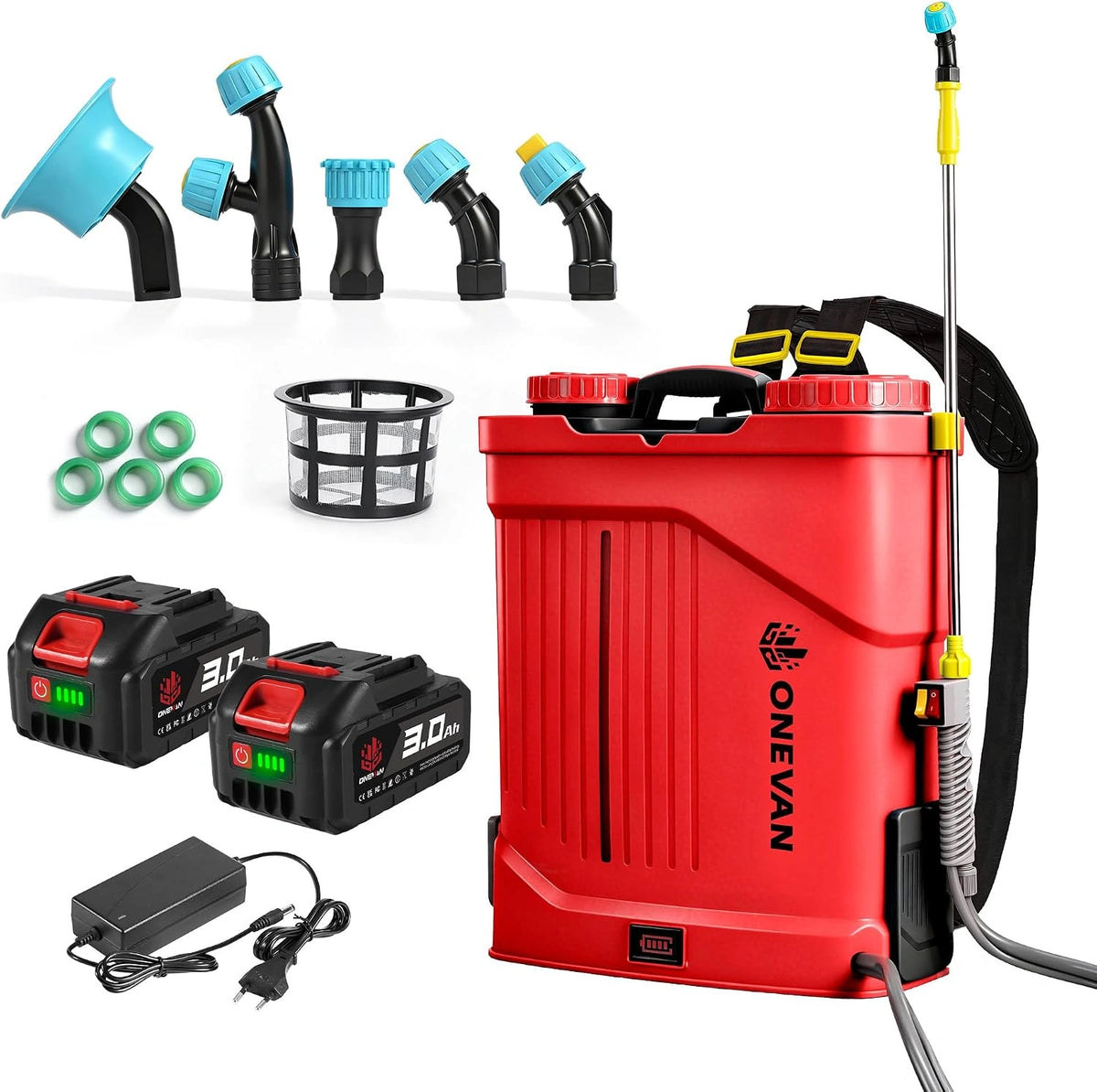 ONEVAN Elektrische sproeier, 20 l, accu-druksproeier, 2 x 3,0 Ah, mengfunctie, 5 sproeiers en telescopische lans, draadloze sproeier voor tuin