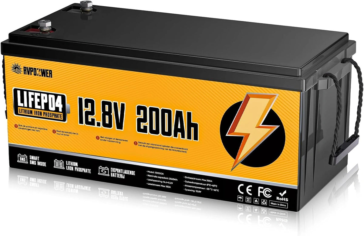 12V 200Ah LiFePO4 Lithiumbatterij, 2560Wh Lifepo4 Accu, Intelligente 200A BMS met Bescherming Tegen Lage Temperaturen