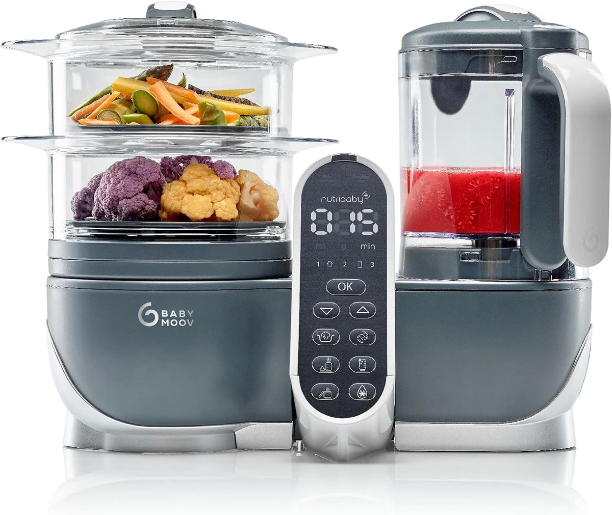 Babymoov, Nutribaby (+), 6-in-1 multifunctionele keukenmachine, stomer, mixer, grote capaciteit voor baby's, ideaal batchcooking, grijs