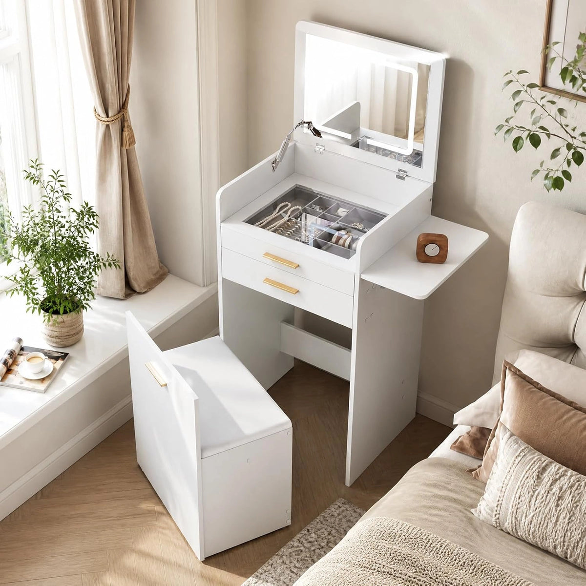 WOLTU kleine kaptafel met verlichting, inklapbare spiegel en krukje., zilver