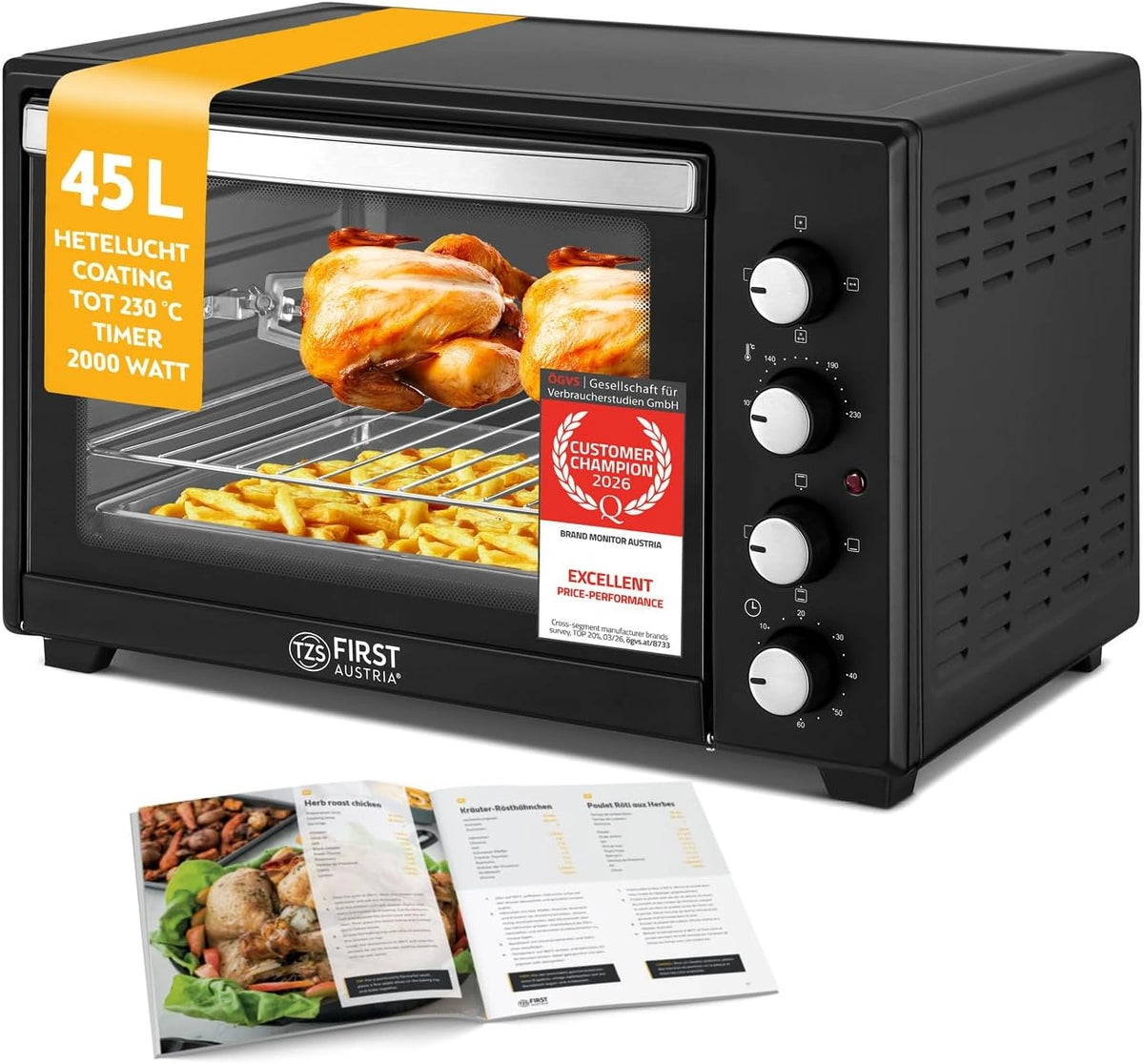 TZS First Austria, Minibakoven 45 liter 2000W, Mini Bakoven Pizzaoven Temperatuurregeling tot 230°C & Antiaanbaklaag, Minioven 60 Min. Timer